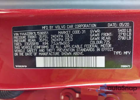 2020 Volvo Xc60 T6 Momentum z USA, uszkodzony, nr VIN YV4A22RK1L1598951